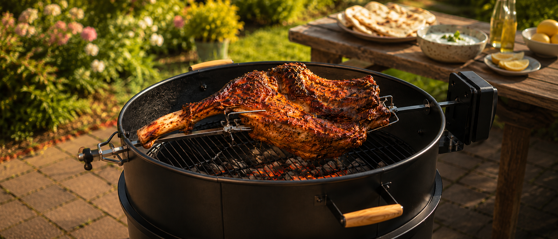 ChefPro NZ 57cm black rotisserie kit cooking a whole lamb leg on a kettle BBQ in a sunny backyard garden with flatbreads and tzatziki on table in background