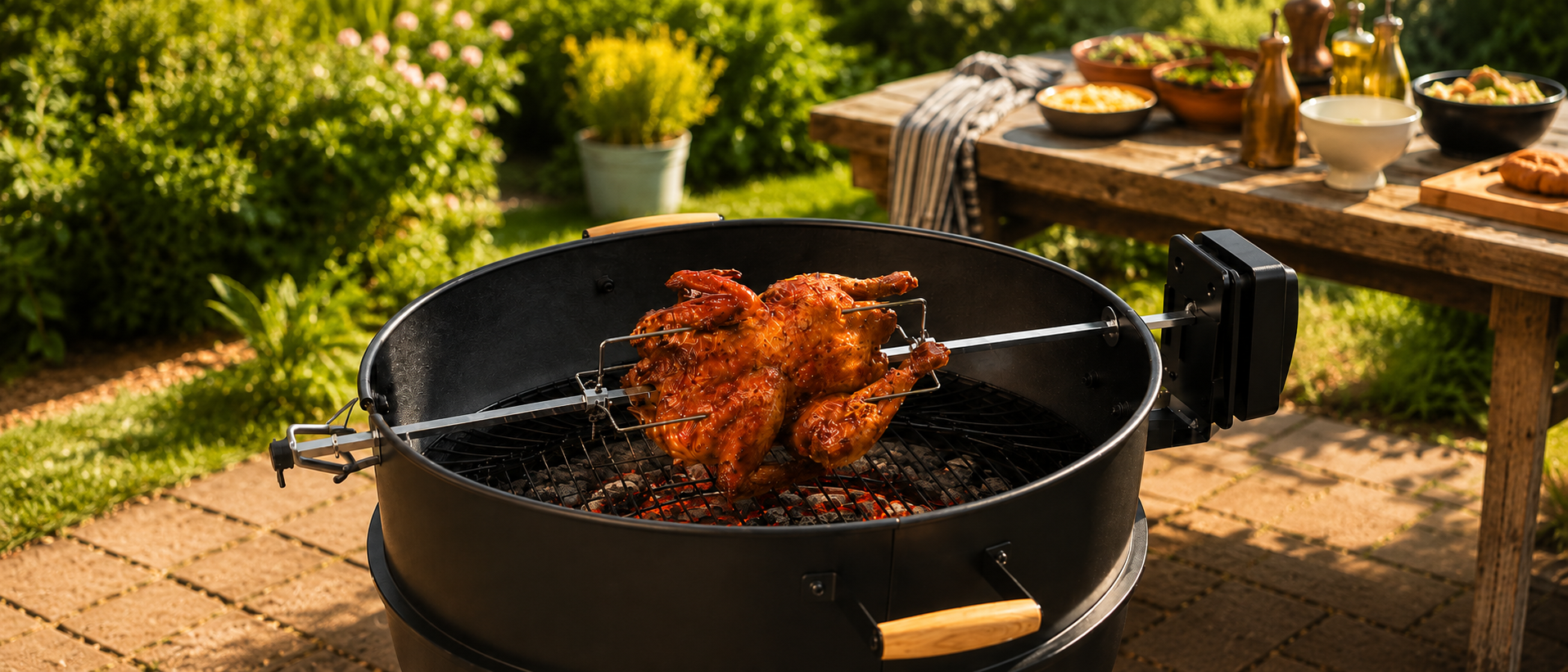 ChefPro NZ 57cm black rotisserie kit cooking a whole golden chicken on a kettle BBQ in a lush New Zealand backyard garden setting