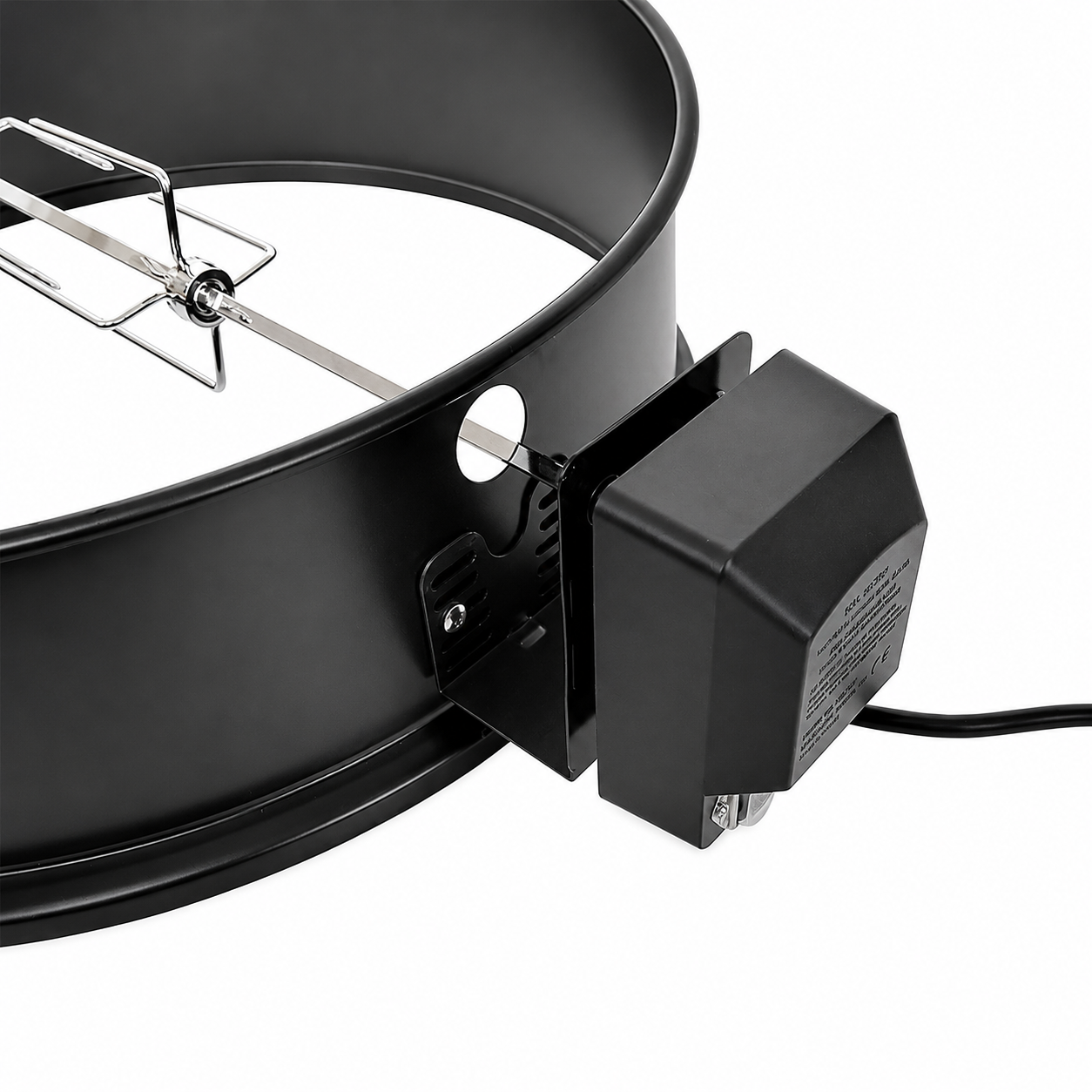 ChefPro 57cm rotisserie kit black ring with electric motor and spit rod attached closeup view