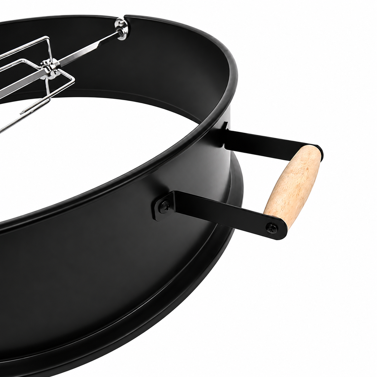 ChefPro 57cm rotisserie kit stainless steel ring closeup showing wood handle and construction detail