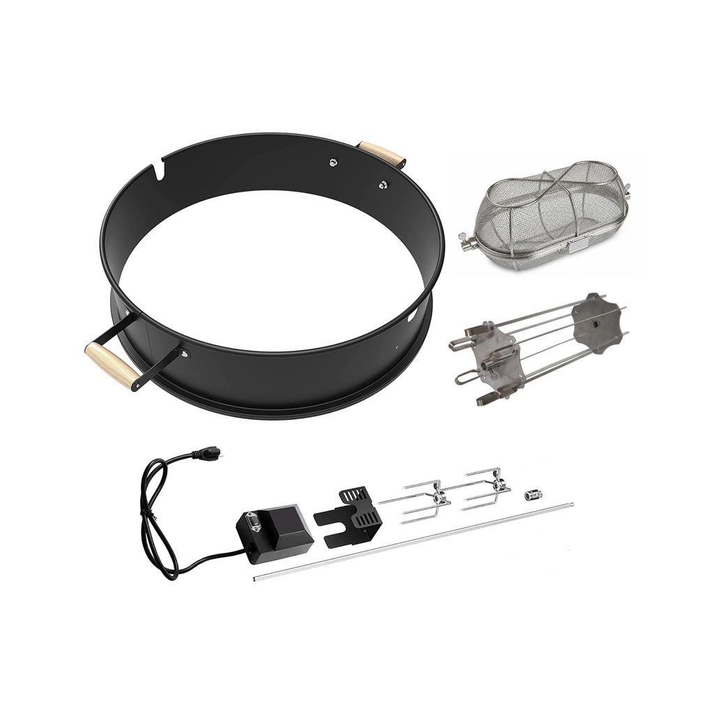 ChefPro 57cm rotisserie kit Deluxe Bundle in black powder coated, including rotisserie kit, tumble basket and kebab skewer set