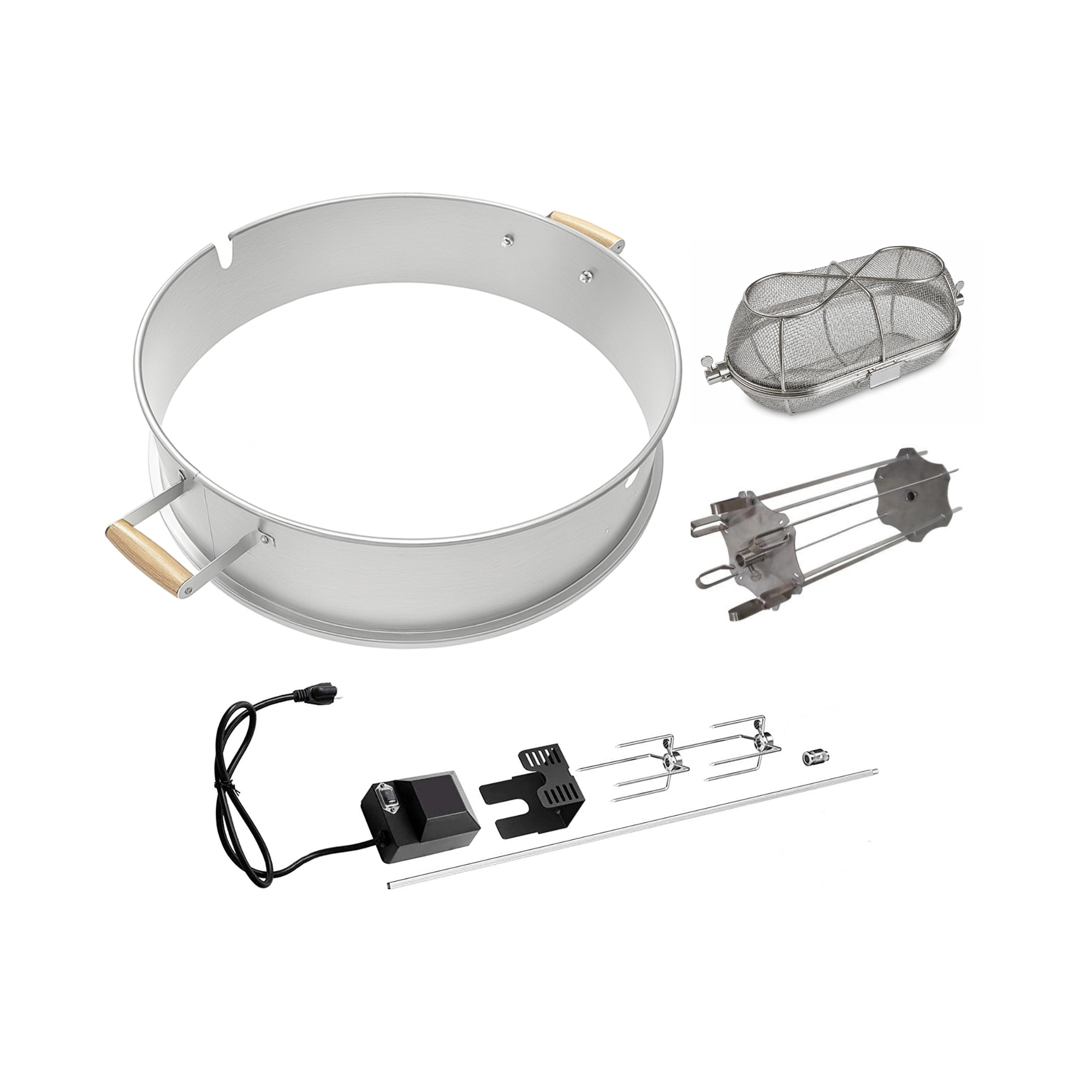 ChefPro 57cm rotisserie kit Deluxe Bundle in stainless steel, including rotisserie kit, tumble basket and kebab skewer set