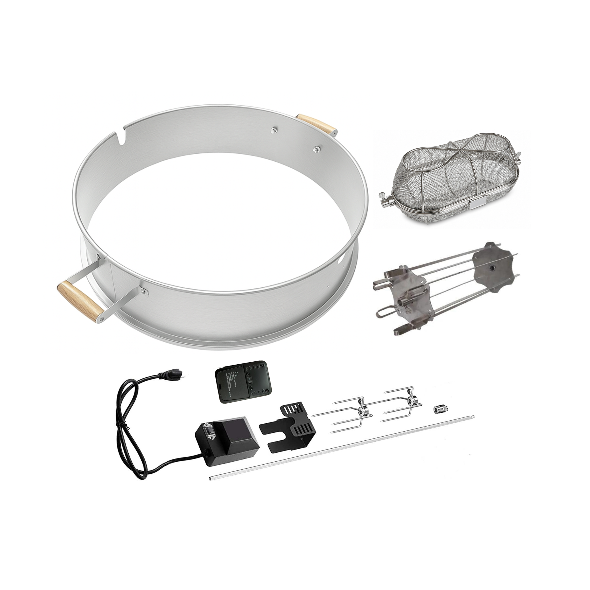 ChefPro 57cm rotisserie kit Deluxe Bundle in stainless steel with battery motor, tumble basket and kebab skewer set