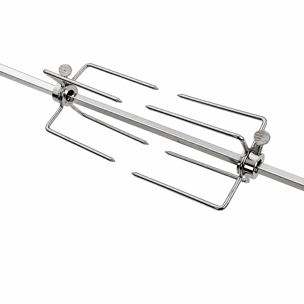 ChefPro 57cm rotisserie kit stainless steel spit rod with meat forks closeup chrome finish