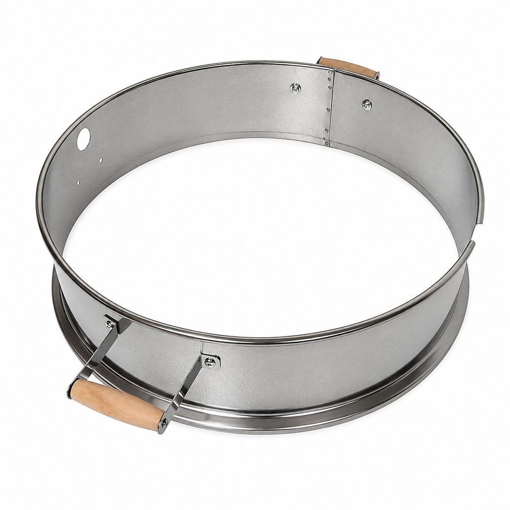 ChefPro 57cm rotisserie kit stainless steel ring with wood handles top angle view
