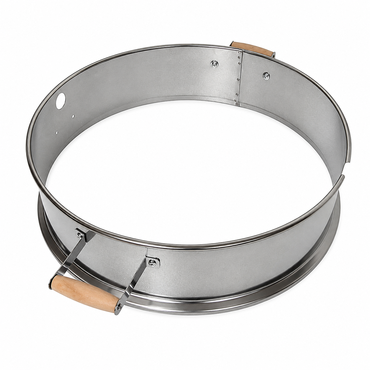 ChefPro 57cm rotisserie kit stainless steel ring with wood handles top angle view