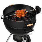 ChefPro 57cm rotisserie kit installed on Weber kettle charcoal BBQ with golden rotisserie chicken on spit