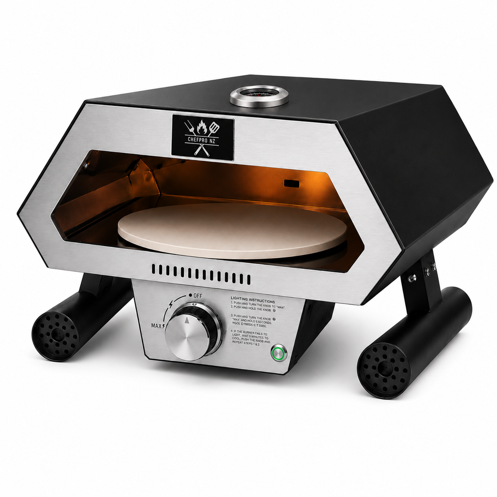 chefpro nz 12-inch auto rotate gas pizza oven black angled with pizza stone
