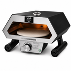 chefpro nz 12-inch auto rotate gas pizza oven black angled with pizza stone