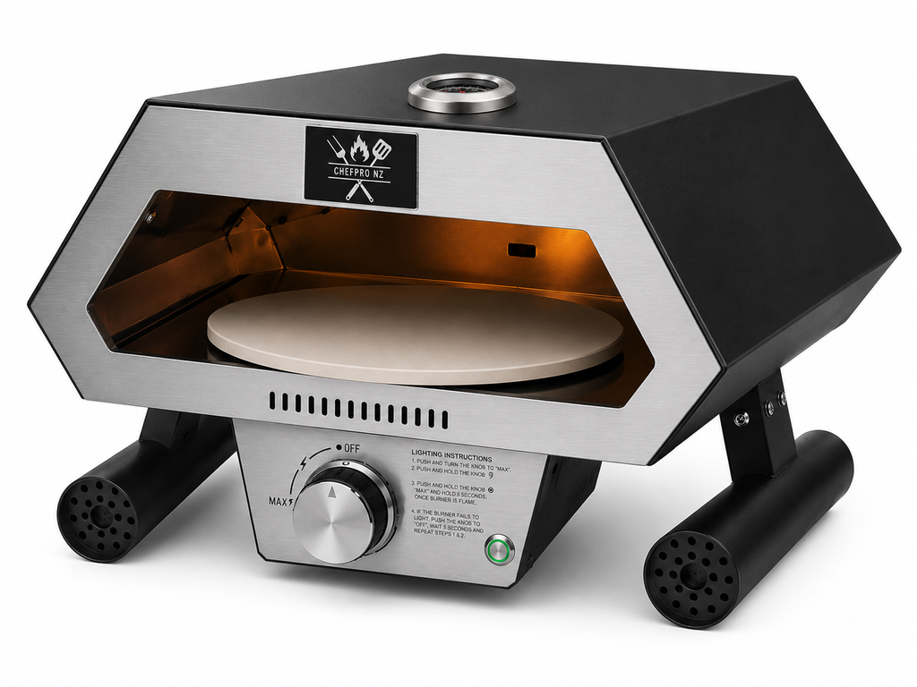 ChefPro NZ 12 inch auto-rotating gas pizza oven black edition angled view with cordierite pizza stone inside