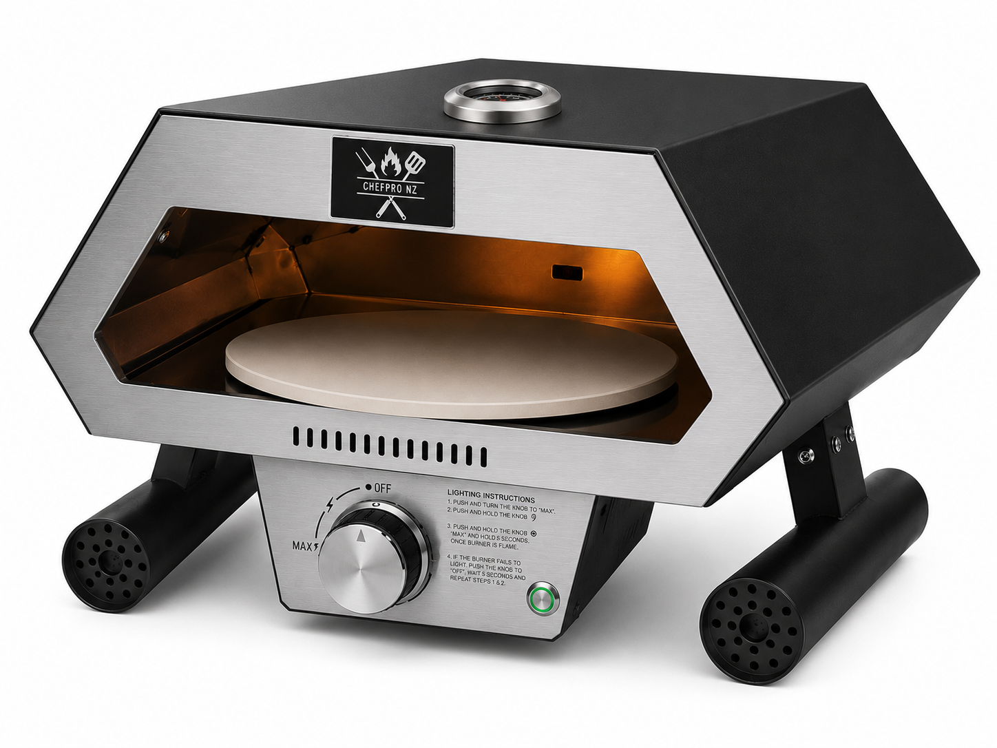 ChefPro NZ 12 inch auto-rotating gas pizza oven black edition angled view with cordierite pizza stone inside