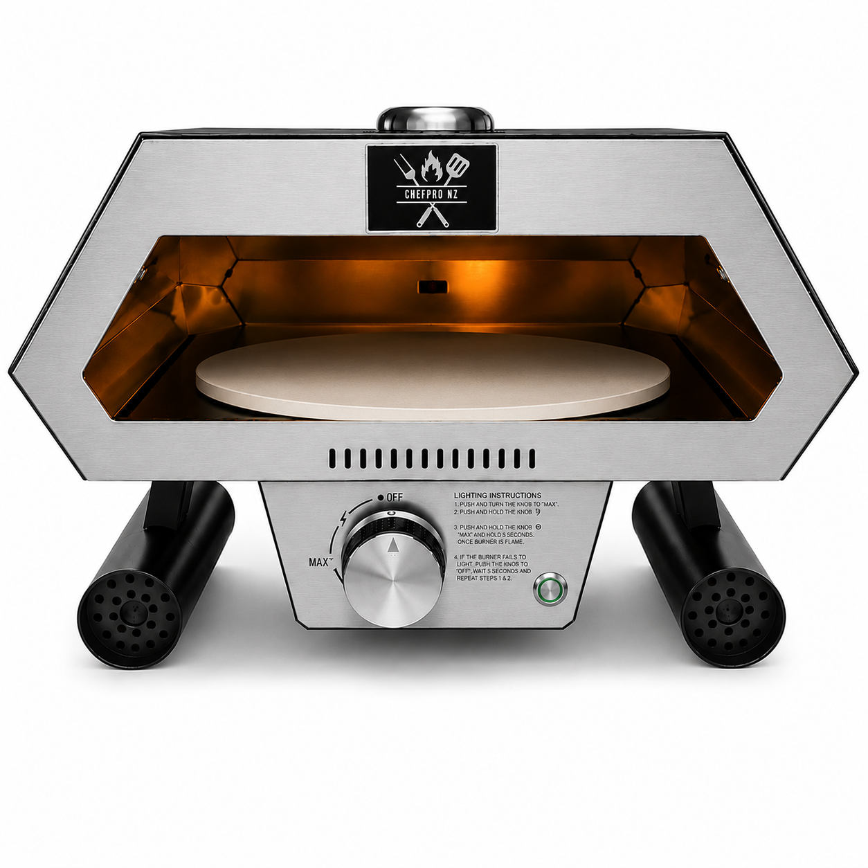 ChefPro NZ 12 inch auto-rotating gas pizza oven front view empty with cordierite pizza stone on white background