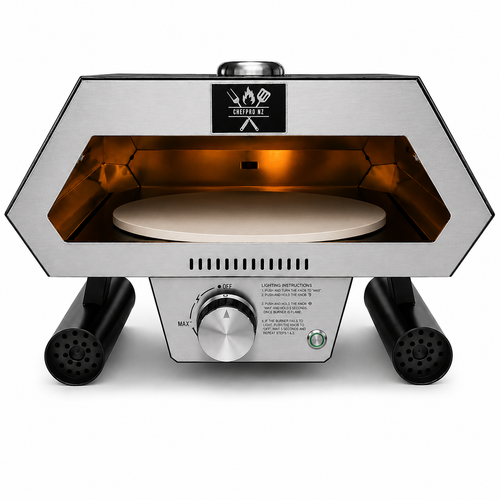 ChefPro NZ 12 inch auto-rotating gas pizza oven front view empty with cordierite pizza stone on white background