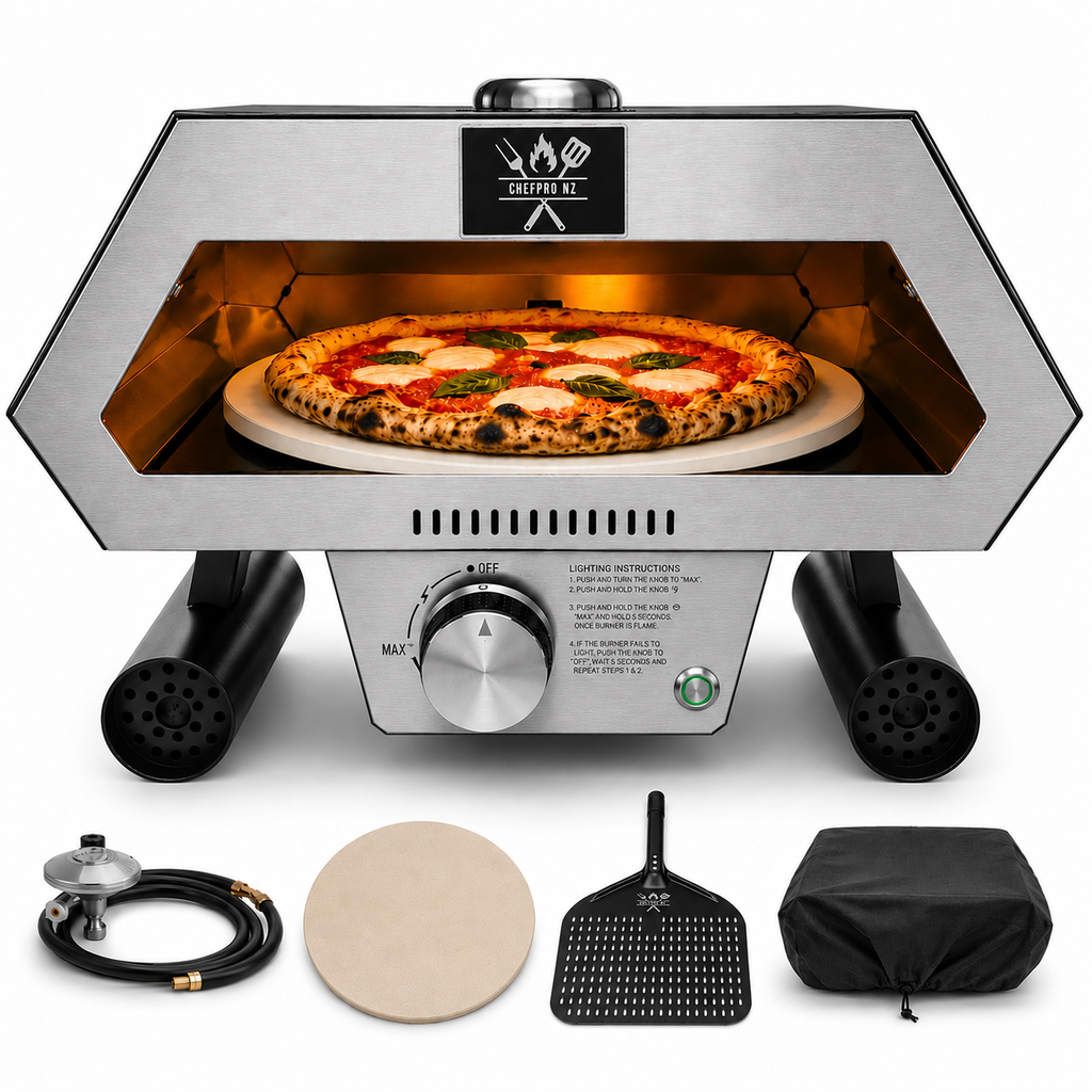 ChefPro NZ 12 inch auto-rotating gas pizza oven full kit including gas hose cordierite pizza stone perforated peel and weather cover