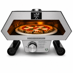 ChefPro NZ 12 inch auto-rotating gas pizza oven front view with Neapolitan margherita pizza on rotating cordierite stone white background