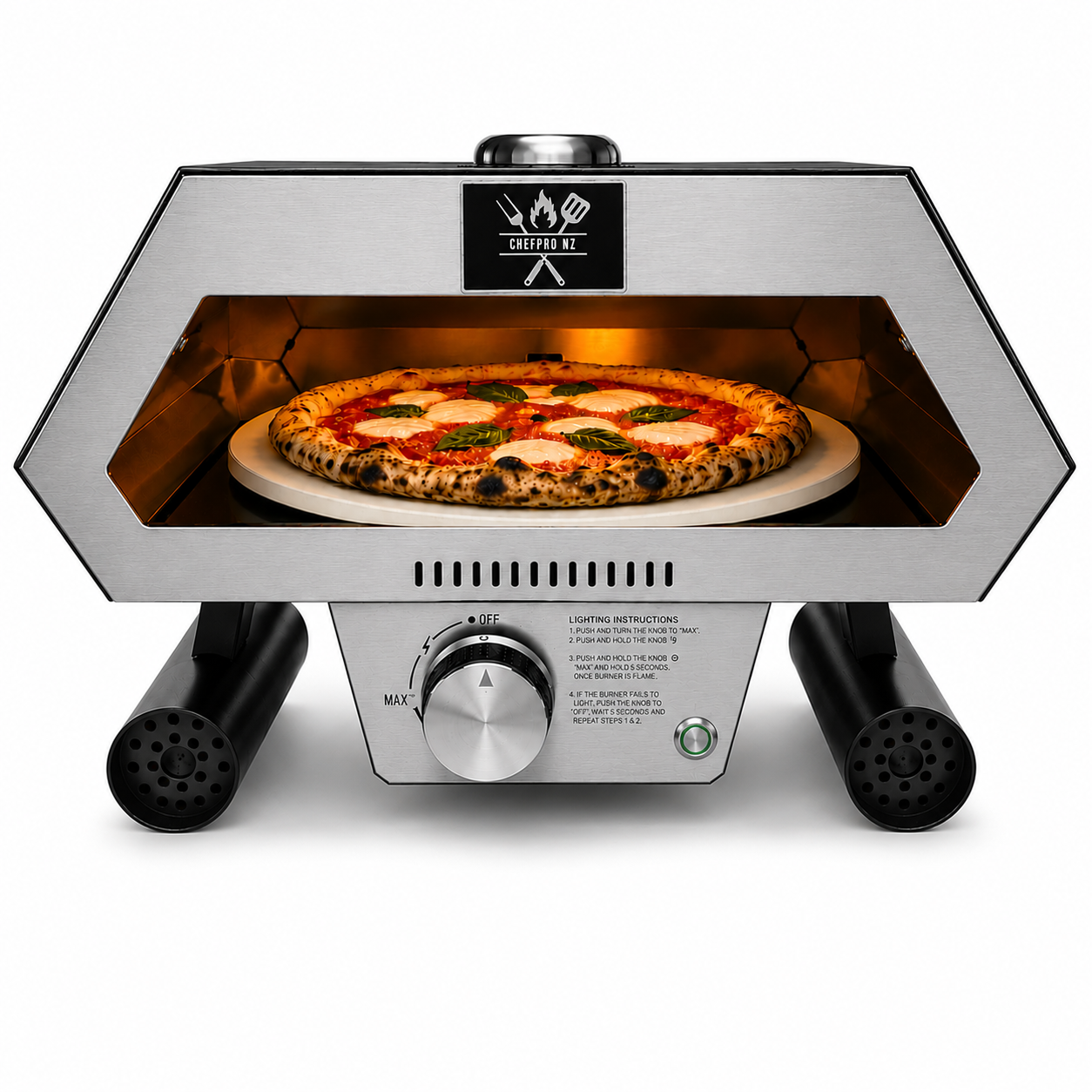 ChefPro NZ 12 inch auto-rotating gas pizza oven front view with Neapolitan margherita pizza on rotating cordierite stone white background