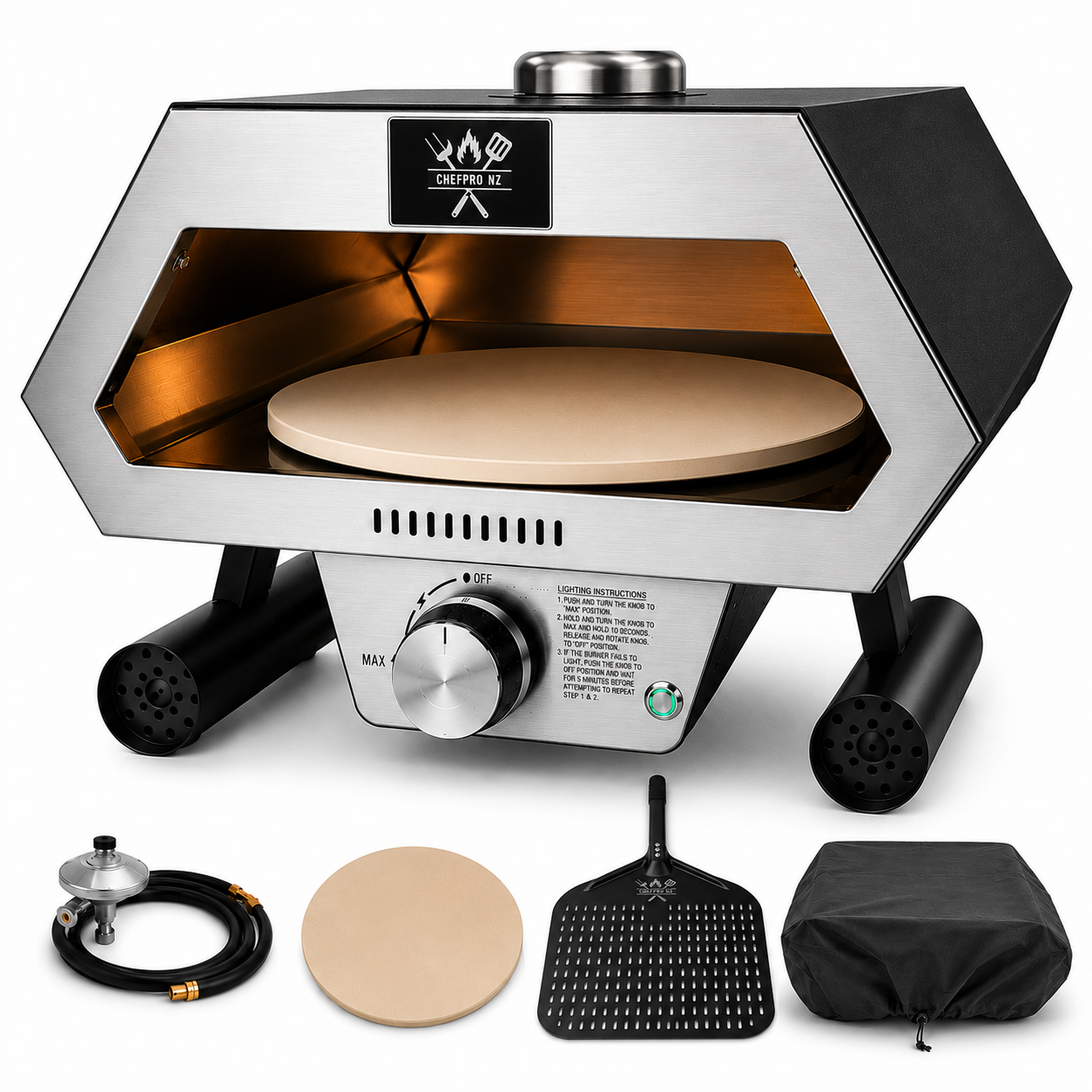 ChefPro NZ 12 inch auto-rotating gas pizza oven full kit including gas hose cordierite pizza stone perforated peel and weather cover