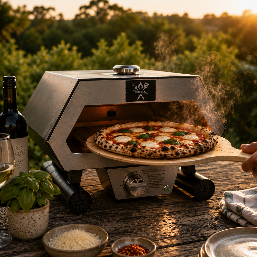 ChefPro NZ 12 inch auto-rotating gas pizza oven outdoors at golden hour with Neapolitan margherita pizza being removed on wooden peel