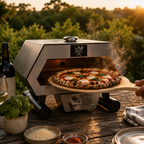 ChefPro NZ 12 inch auto-rotating gas pizza oven outdoors at golden hour with Neapolitan margherita pizza being removed on wooden peel