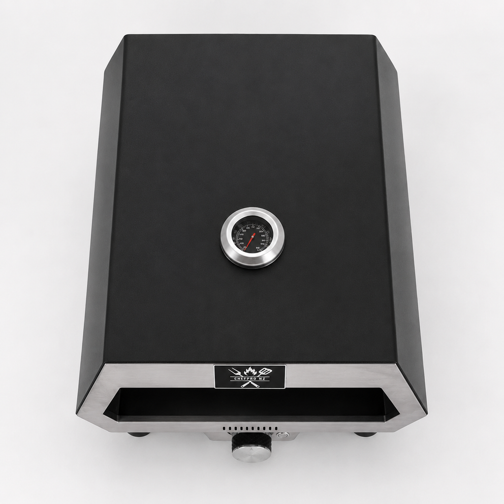 ChefPro NZ 12 inch auto-rotating gas pizza oven top view showing built-in stainless steel temperature gauge on black lid