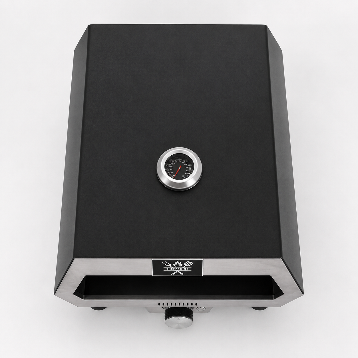 ChefPro NZ 12 inch auto-rotating gas pizza oven top view showing built-in stainless steel temperature gauge on black lid
