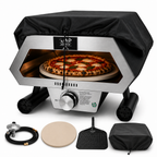 ChefPro NZ 12 inch auto-rotating gas pizza oven with black weather cover and full accessory kit displayed below