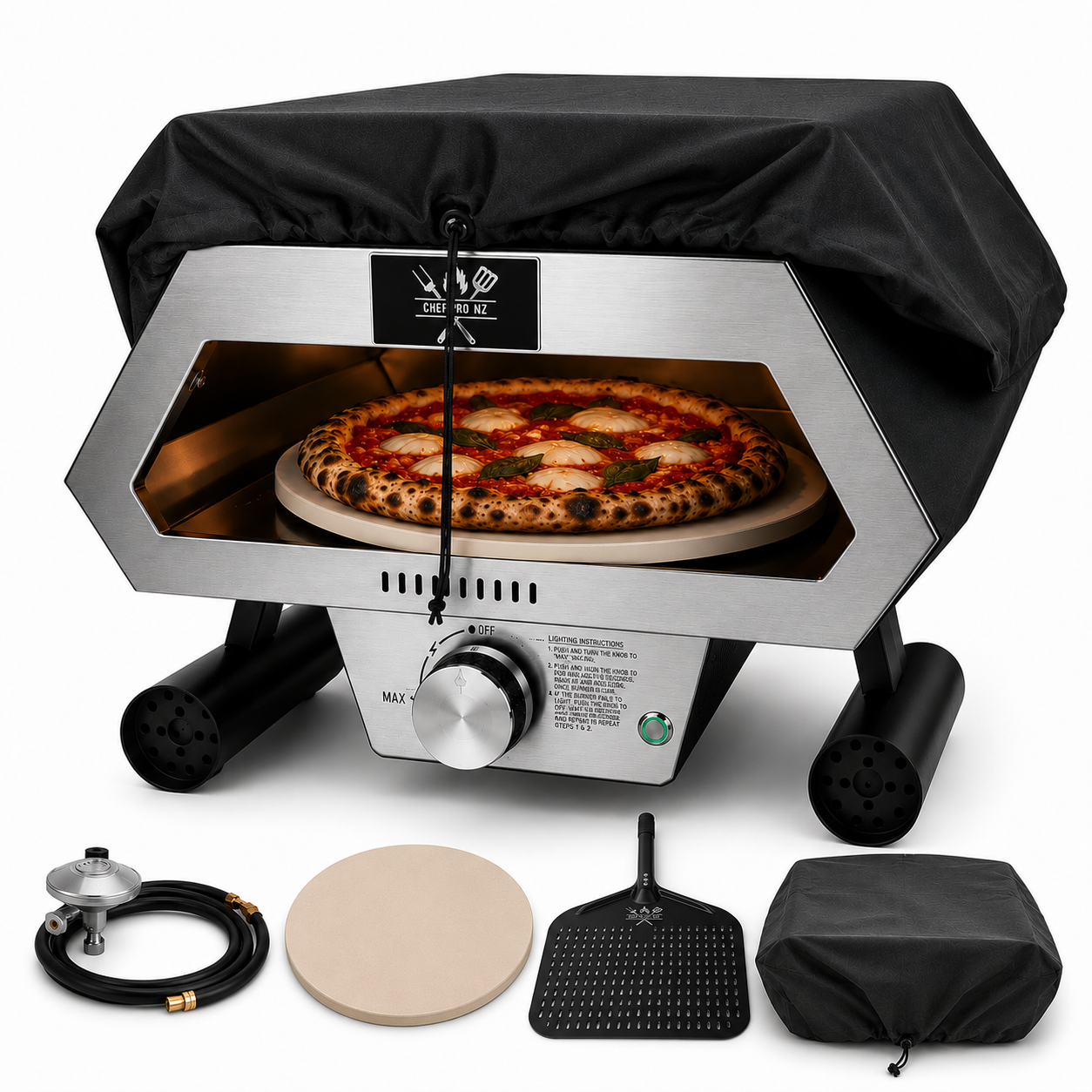 ChefPro NZ 12 inch auto-rotating gas pizza oven with black weather cover and full accessory kit displayed below
