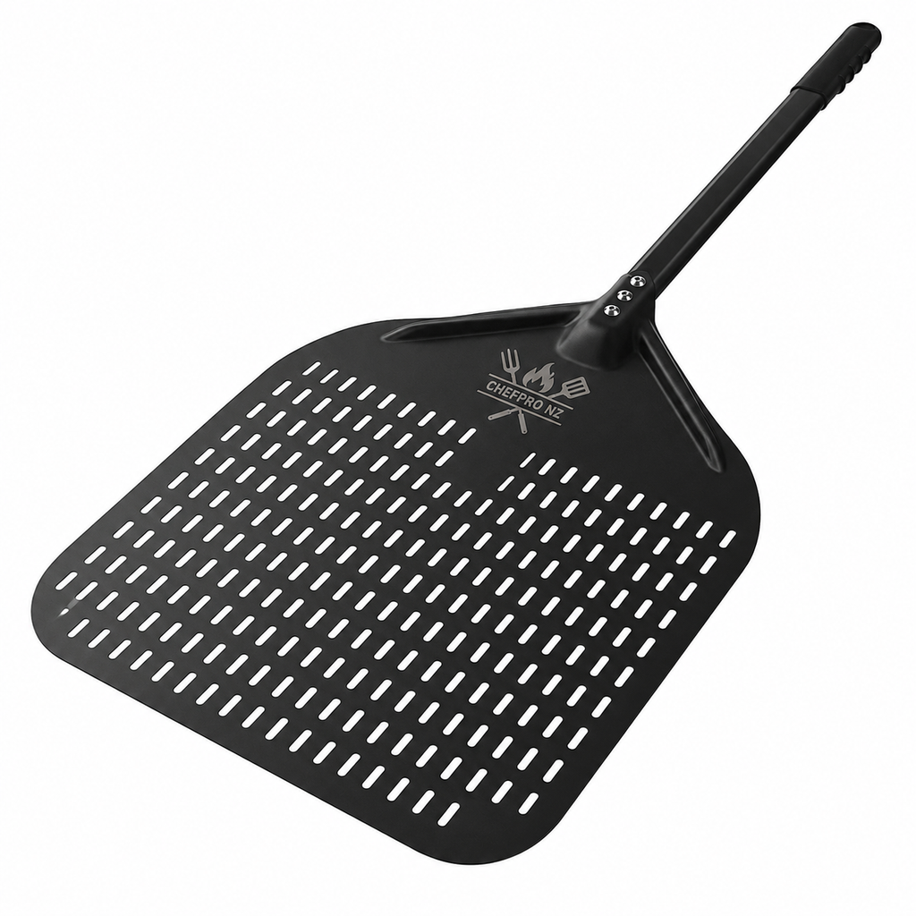 ChefPro NZ black anodised perforated aluminium pizza peel for 12 inch pizza oven