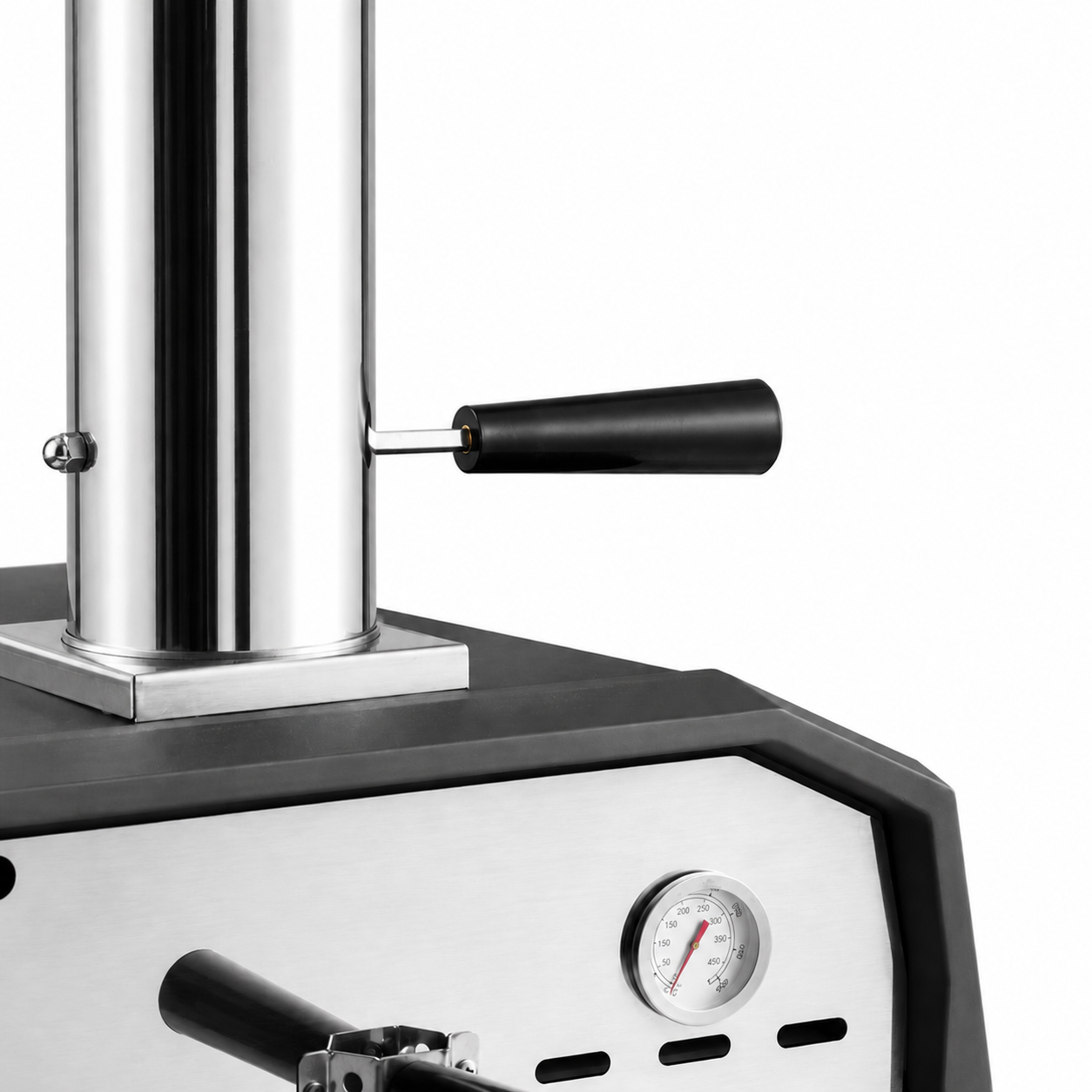 ChefPro NZ 13 inch wood pellet pizza oven close-up of stainless steel chimney stack and built-in temperature gauge