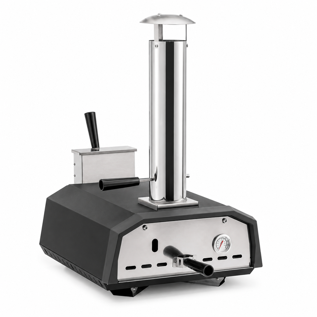 ChefPro NZ 13 inch wood pellet pizza oven front angled view showing thermometer fuel drawer and chimney with legs folded