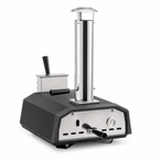 ChefPro NZ 13 inch wood pellet pizza oven front angled view showing thermometer fuel drawer and chimney with legs folded