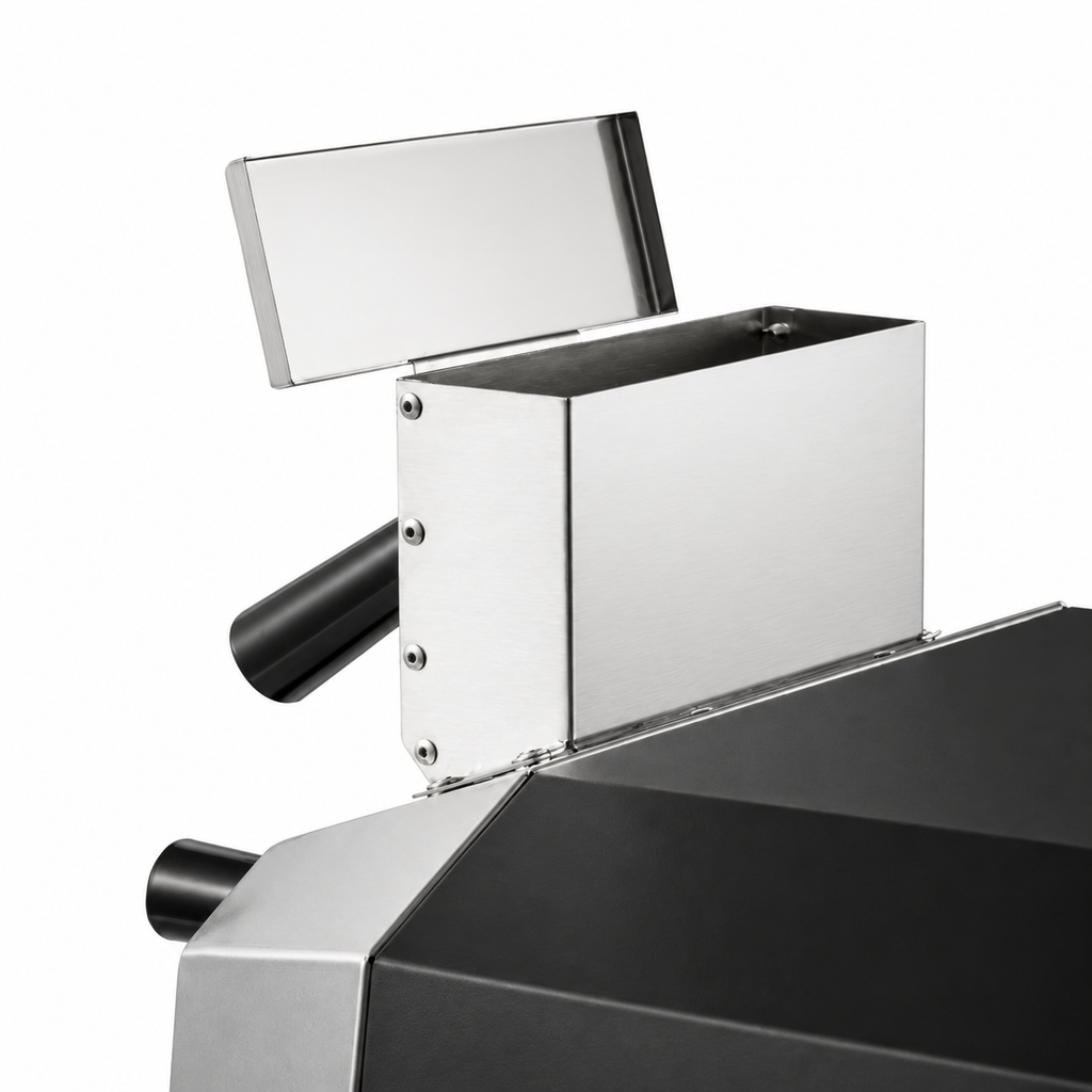 ChefPro NZ 13 inch wood pellet pizza oven top angle view showing pellet hopper and removable fuel drawer