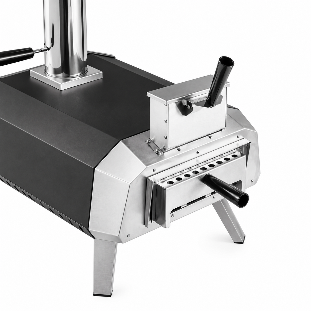 ChefPro NZ 13 inch wood pellet pizza oven top angle view showing pellet hopper and removable fuel drawer
