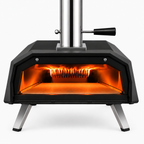 ChefPro NZ 13 inch wood pellet pizza oven front view showing intense flames and glowing cordierite pizza stone inside chamber
