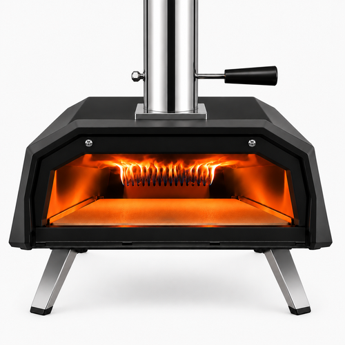 ChefPro NZ 13 inch wood pellet pizza oven front view showing intense flames and glowing cordierite pizza stone inside chamber