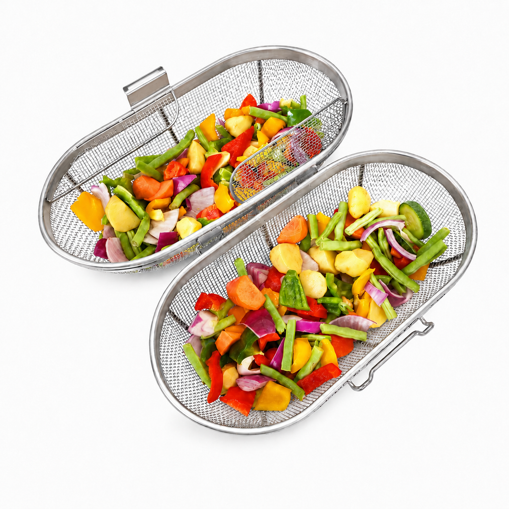 ChefPro NZ stainless steel mesh rotisserie grill baskets filled with fresh mixed vegetables for BBQ cooking