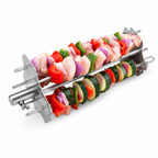 ChefPro NZ stainless steel rotisserie kabob rack attachment loaded with chicken and fresh vegetables on spit rod skewers